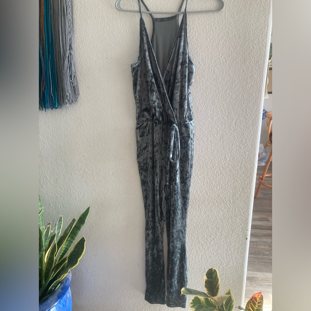 Crushed velvet high waist blue jogger jumper jumpsuit